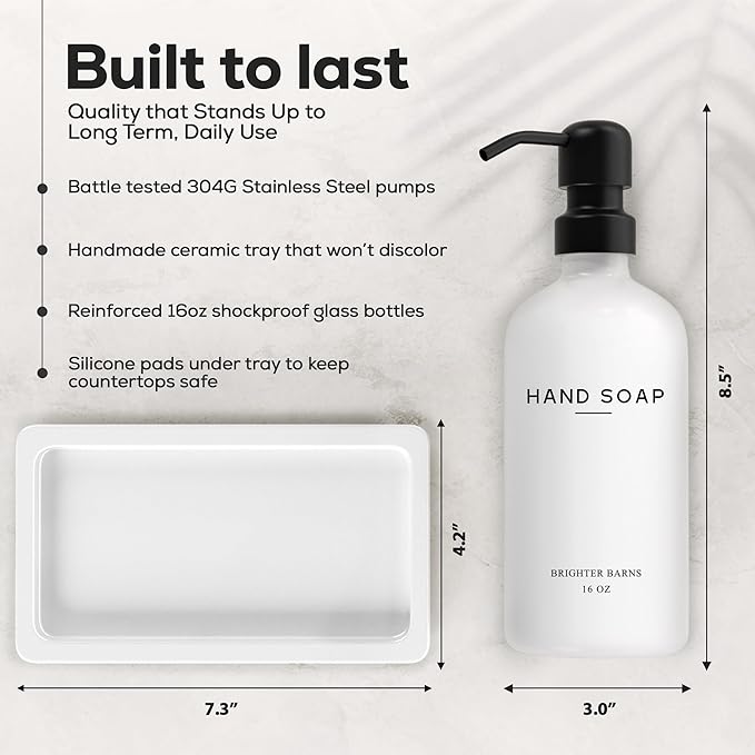 White Glass Soap and Lotion Dispenser Set with Tray by Brighter Barns - Hand Soap Dispenser Bathroom Set & Stainless Steel Pump for Home, Vacation Rental - Modern Bathroom Accessories & Decor (White) - Image 3