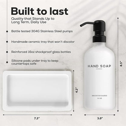 White Glass Soap and Lotion Dispenser Set with Tray by Brighter Barns - Hand Soap Dispenser Bathroom Set & Stainless Steel Pump for Home, Vacation Rental - Modern Bathroom Accessories & Decor (White) - Image 3