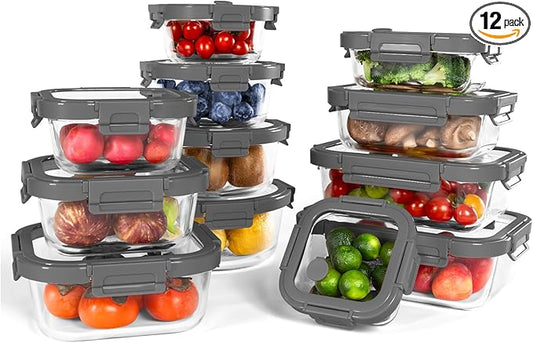 12-Pack Glass Containers with Tempered Lids – Borosilicate, Oven-Safe(-4°F~950°F), Airtight, BPA-Free, Multi-Size for Meal Prep, Dishwasher Safe, 1.6 cups to 6.4 cups (Gray)