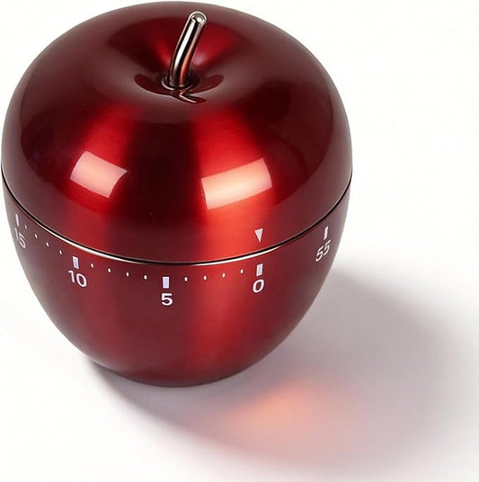 Stainless Steel Apple Kitchen Timer, Mechanical 60-Minute Manual Countdown, Glossy Red Metal Visual Timer for Professional Chef, Classroom Teacher Gift & Christmas Holiday Decor (Red Apple)