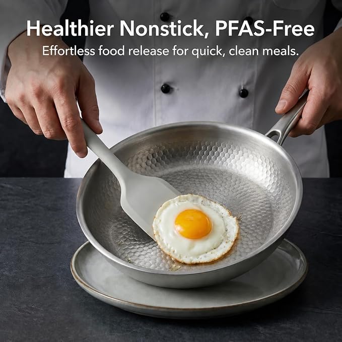 Titanium Hammered Pan Pro with Lid, PFAS/PFOA/PTFE-Free Non stick Titanium Frying Pan, Dishwasher & Oven Safe, Scratch Resistant, Even Heating Titanium skillet, Compatible With All Cooktops (12 inch)