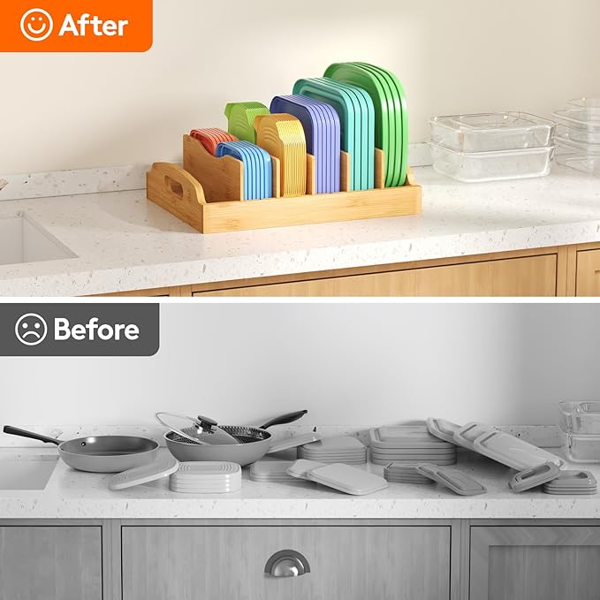 Lifewit Bamboo Lid Organizers for Inside Cabinet, Food Storage Container Lid Holder with 5 adjustable Inserts & 6 Sections, Kitchen Pantry organizer and storage, Large, 13.2" x 10"/34 x 25cm - Image 8