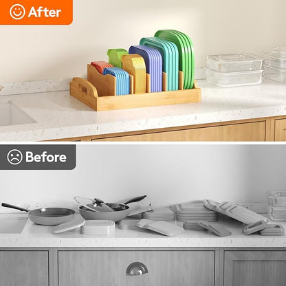 Lifewit Bamboo Lid Organizers for Inside Cabinet, Food Storage Container Lid Holder with 5 adjustable Inserts & 6 Sections, Kitchen Pantry organizer and storage, Large, 13.2" x 10"/34 x 25cm - Image 8