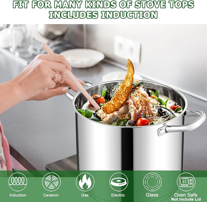 TeamFar 10QT Stock Pot, Stainless Steel Large Soup Cooking Pot & Lid with Tri-ply Bottom for Cooking/Boiling/Stewing, for Induction/Gas/Ceramic, Healthy & Heavy-Duty, Riveted Handles & Dishwasher Safe - Image 6