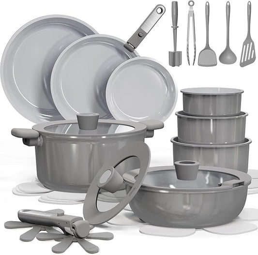 CAROTE 27pcs Ceramic Cookware Set Nonstick, Pots and Pans Set Non Stick, Non Toxic Cookware Detachable Handles, Dishwasher/Oven Safe, RV/Camping Cookware, Pan and Pot with Kitchen Utensils, Dark Gray by CAROTE