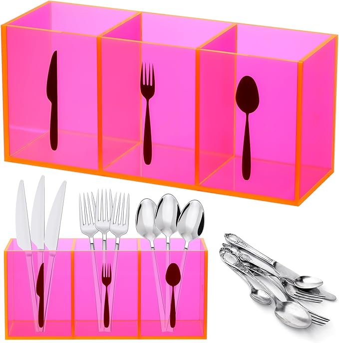 Suzile Acrylic Cutlery Storage Organizer Bin Silverware Caddy Countertop Knife Spoon and Fork Holder Kitchen 3 Section Tableware Storage Box for Cabinet Indoor Home Flatware Dining Room(Pink,M) by Suzile