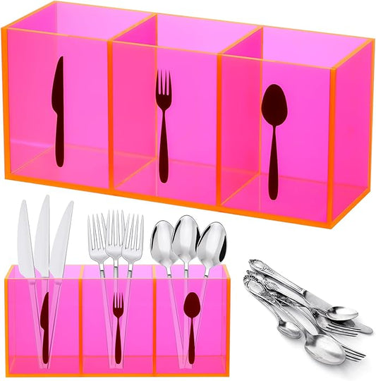Suzile Acrylic Cutlery Storage Organizer Bin Silverware Caddy Countertop Knife Spoon and Fork Holder Kitchen 3 Section Tableware Storage Box for Cabinet Indoor Home Flatware Dining Room(Pink,M) by Suzile