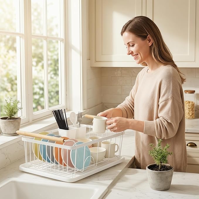 Dish Racks for Kitchen Counter, Thickened Metal Dish Drying Rack with Wooden Handles, Kitchen Countertop Organizer for Dishes, Spoons and Forks, No Assembly, White, 18.7''*12.6''*5.51'' - Image 7