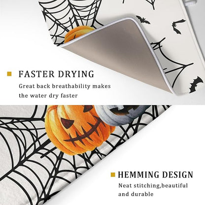 Giwawa Happy Halloween Dish Drying Mat 18"x24" Spooky Colorful Pumpkins Decorative Dish Drainer Mats Horrible Spider Web Bats Reversible Dish Drying Pad for Kitchen Countertop Dining Room