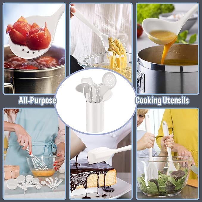 Silicone Kitchen Utensils Set, E-far 23 Pcs White Cooking Utensils Tools with Holder for Nonstick Cookware, Include Spatula/Spoon/Ladle/Tongs/Turner, Heat Resistant & Nontoxic, Dishwasher Safe - Image 4
