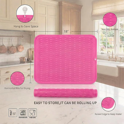MicoYang Silicone Dish Drying Mat for Multiple Usage,Easy clean,Eco-friendly,Heat-resistant Silicone Mat for Kitchen Counter or Sink,Refrigerator or Drawer Liner Rose XL 18 inches x 16 inches - Image 2