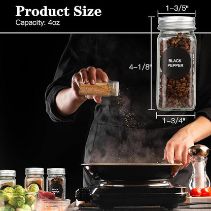 DkOvn 24pcs Glass Spice Jars, 4oz Empty Spice Jars with Metal Caps, Labels, Shaker Lids, Collapsible Funnel, Chalk Pen, Seasoning Organizer for Spice Rack - Image 2