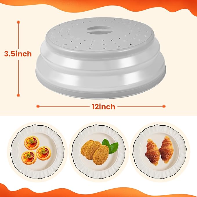 Large Collapsible Microwave Cover for Food, 12.2inch Microwave Splatter Cover, Microwave Plate&Dish Cover with Easy Grip Handle, BPA-free, Dishwasher Safe (Light Grey) - Image 2