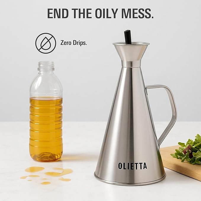 Olive Oil Dispenser Bottle Olietta Stainless Steel Non Drip Leak Proof No Mess Vinegar Pourer & Kitchen Drizzler 25 oz 750ML 0.75 Litre Great for Pouring & Drizzling Easy to Clean & Leakproof - Image 2