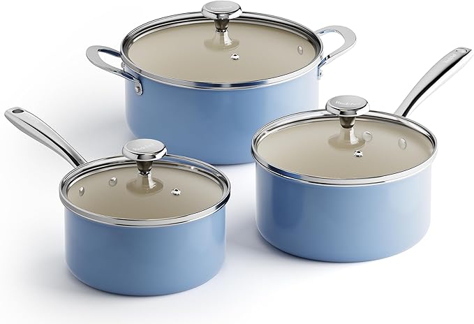 Redchef Non-stick Stock Pots Set 5QT, Sauce Pan with Lids(2.5QT, 3.5QT) Multifunctional Kitchen Cookware Sets, Non Toxic with Stay Cool Handle, PTFE & PFAS & PFOA Free, Dishwasher/Oven Safe (Blue) by Redchef
