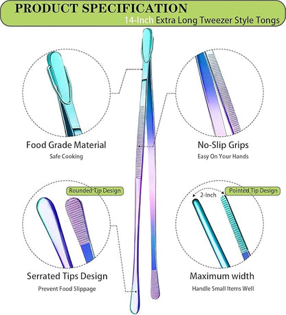 JETKONG 2 Pcs 14-Inch Culinary Tweezers Extra Long Food Tweezers Kitchen Tweezer Tongs for Cooking Grilling and BBQ (Rainbow) - Image 2