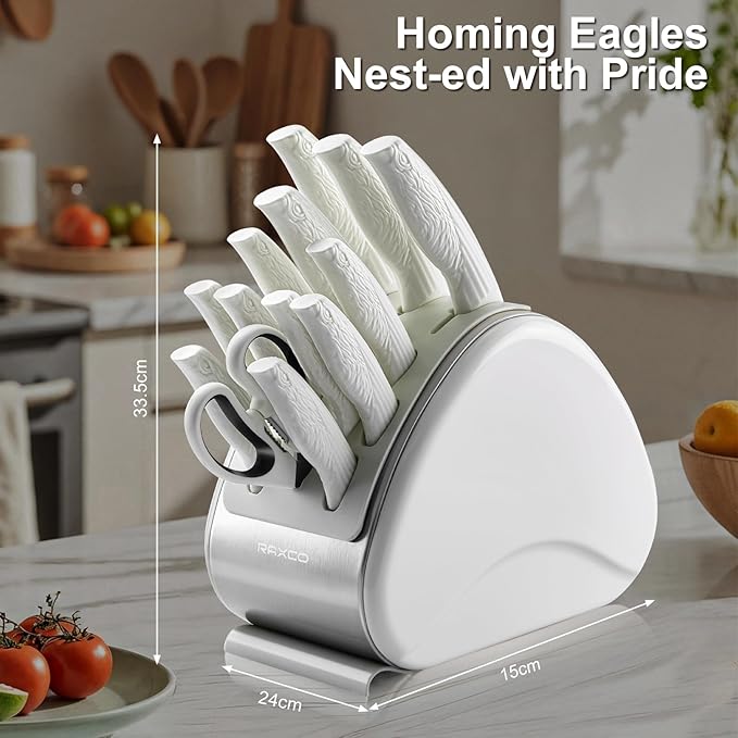 RAXCO Knife Set with Block,12-Piece Stainless Steel Kitchen Knives for Professional Cutting,White