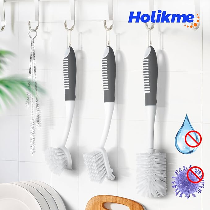 Holikme 6 Pack Dish Brush Set with Bottle Brush, Dish Scrub Brush, Pan Brush and 3 Straw Brushes, Deep Cleaning Handle Brush with Scraper Tip for Kitchen Sink Dishes Bottle Cup Pot and Pans (Gray) - Image 7