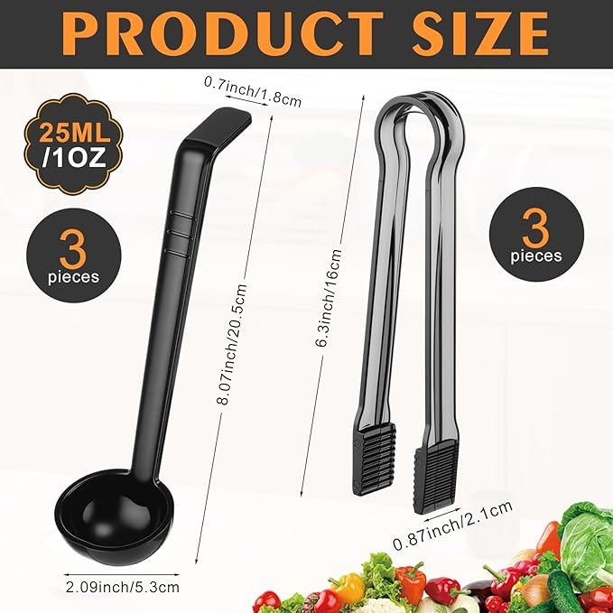 6 Pieces Plastic Serving Utensils Set Including 3 Pcs 1 oz Small Ladle and 3 Pcs Tong Acrylic Long Handle Ladle for Serving Sauce, Soup, Dressing, Punch Bowl, Gravy for Party Banquets Catering(Black) - Image 2