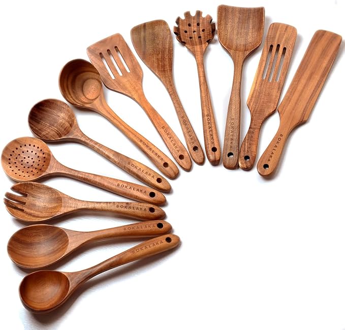 12 Pack Wooden Spoons for Cooking - Natural Teak Kitchen Utensils Set with Spatulas by BOKALAKA
