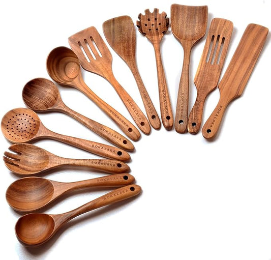 12 Pack Wooden Spoons for Cooking - Natural Teak Kitchen Utensils Set with Spatulas by BOKALAKA