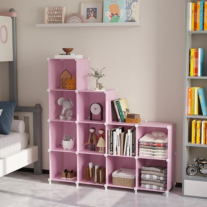 AWTATOS Cube Storage Organizer Protable Closet Organizers and Storage for Kids DIY Stackable 12 Cube Storage Shelves Clothes Organizer for Bedroom, Home, Pink - Image 5