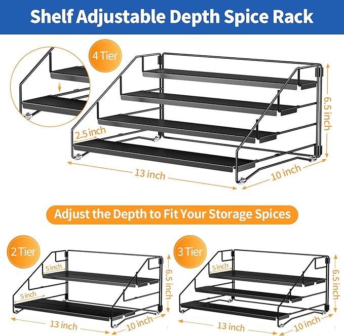 BOIVSHI 4 Tier Spice Rack Organzier, Spice Rack for Cabinet, Adjustable Depth Seasoning Shelf for Countertop, Pantry, Seasoning Organizer, Metal, Black (2 Pack) - Image 5