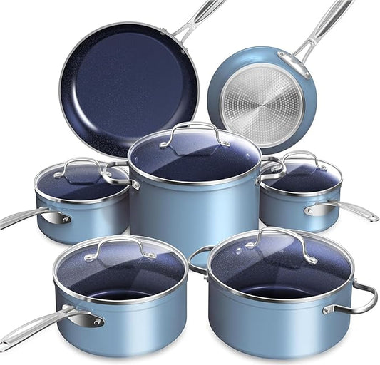 Nuwave Healthy Duralon Blue Ceramic Nonstick Cookware Set, Diamond Infused Scratch-Resistant, PFAS Free, Dishwasher & Oven Safe, Induction Ready & Evenly Heats, Tempered Glass Lids & Stay-Cool Handles by NuWave