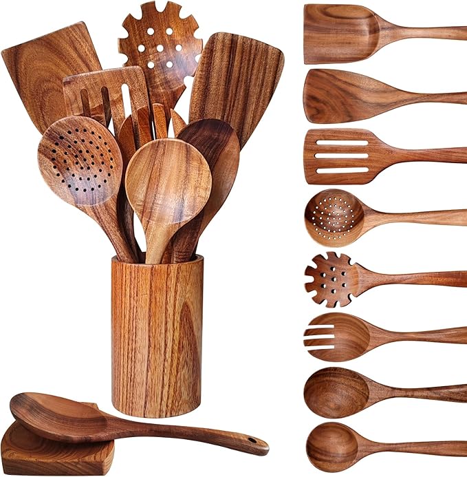 Wooden Spoons for Cooking 10 Pieces Set, Kitchen Utensils Spatula, Wooden Cooking Utensils Spoons, with Spoon Rest, Strainer Spoon, Pasta server, Fried Spatula and Salad Fork, Utensil Holder by YYLTJR
