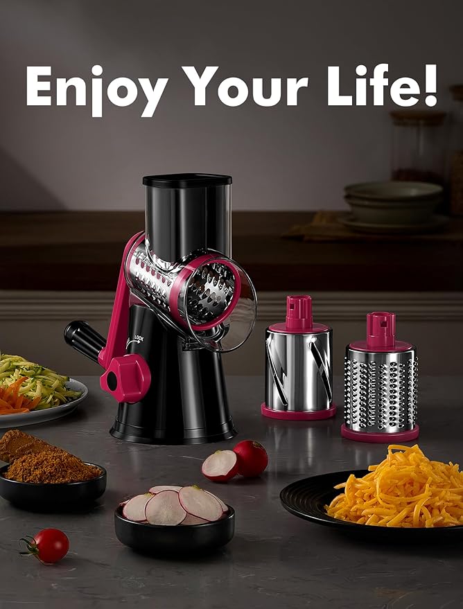 Cheese Grater Rotary, Rotary Grater for Kitchen, Kitchen Vegetable Slicer with 3 Drum Blades, Fast Cutting Cheese Shredder for Vegetables and Nuts (Black+Rosy, 3 BLADES) - Image 9