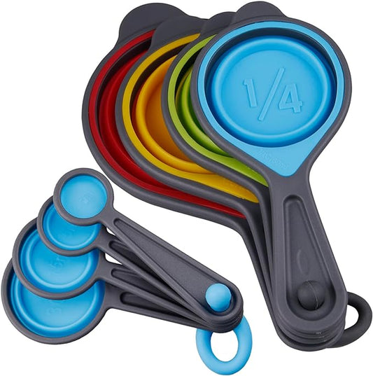 Measuring Cups and Spoons set, Collapsible Measuring Cups, 8 pieces Measuring Cups&Spoons Set, Engraved Metric & US Markings for Liquid&Dry Measuring, Space Saving, BPA Free Colorful Silicone