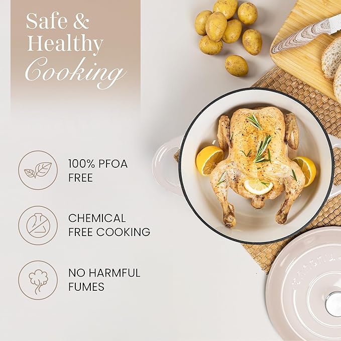 Nuovva Enamelled Cast Iron Dutch Oven Pot with Lid 6.4 Quart Non Stick Casserole Pot – Heavy Duty & Oven Safe up to 500° F for Bread Baking, Braising, Stews, Roasting – 28cm Oyster - Image 4