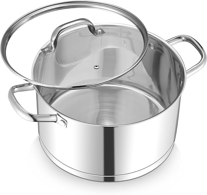TeamFar 8QT Stock Pot with Lid, Stainless Steel Tri-ply Bottom Cooking Pot for Vegetable Pasta Soup, Works with Induction/Gas/Glass/Ceramic Stoves, Non-toxic & Sturdy, Straight Side & Riveted Handles by TeamFar