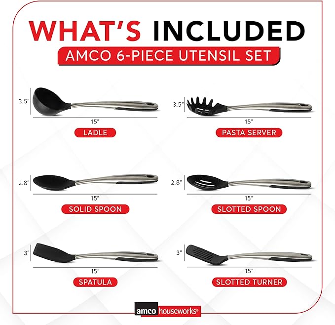 Amco 6-Piece Nylon Utensil Set - Heat-Resistant with Stainless Steel Handles - BPA-Free, Safe for Non-Stick Cookware - Dishwasher Safe Cooking Tools, Kitchen Essentials for Home & Restaurant Use - Image 2