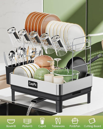2 Tier Dish Drying Rack, Thicker Premium 304 Stainless Steel Dish Racks for Kitchen Counter, Automatic Drainage Spout, Dish Drainer & Drainboard Set with Utensil Holder and Cup Holder, Black - Image 7