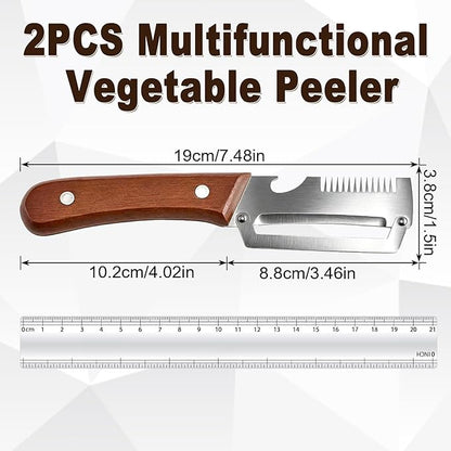 2 Pack 3-in-1 Multifunctional Vegetable Peeler with Wooden Handle - Potato Peeler with Julienne Slicer & Bottle Opener, Stainless Steel Blade, Right Handed Kitchen Tool