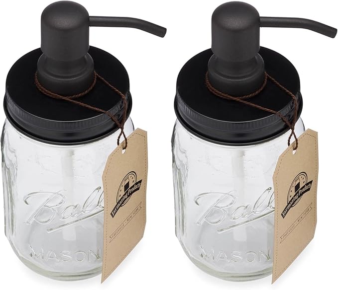 Jarmazing Products Mason Jar Soap Dispenser - Black - with 16 Ounce Ball Mason Jar - Made from Rust Proof Stainless Steel - Two Pack - Image 3