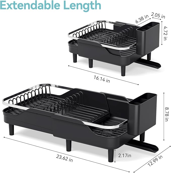 Urackify Expandable Dish Rack for Kitchen Counter,16.14"-23.62" Large Stainless Steel Dish Drying Rack with Adjustable Water Spout, Space Saving Dish Drainer with Auto Draining Cutlery Holder,Black - Image 7