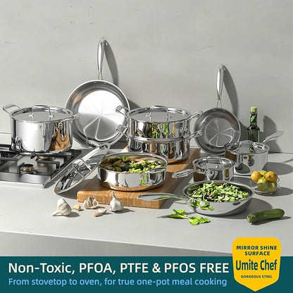 Umite Chef Stainless Steel Cookware Set, 5 Ply 14 Piece Stainless Steel Pot and Pan Set-Induction, Heavy Chef Quality, Oven Safe | Professional Kitchen Cooking Appliances, PFOA, PTFE & PFOS Free - Image 3