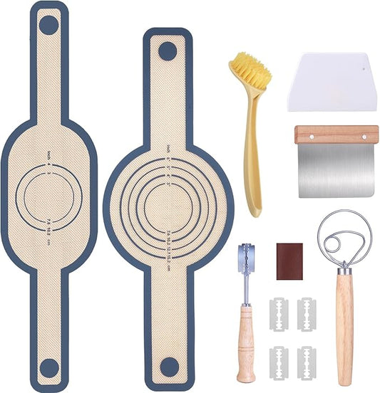 Bread Making Tools and Supplies, Set of 7, inclued Round Baking Mat and Oval Baking Mat, Sourdough Danish Dough Whisk, Bread Lame Dough Scoring, Bread Scraper Dough Cutter, Perfects Gift for Baker