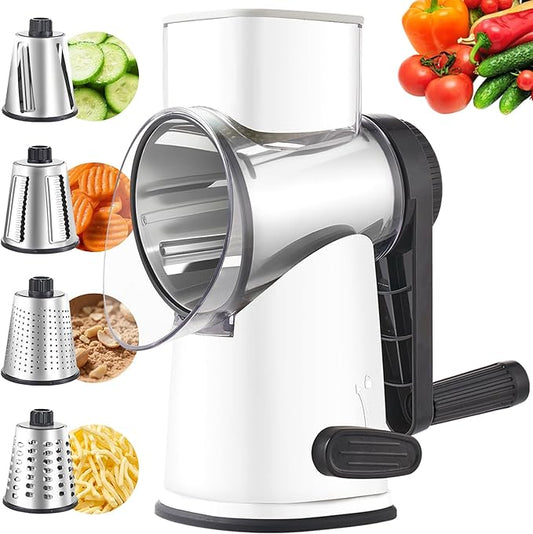 Weltonhm Rotary Cheese Graters with 4 Blades, Hand Crank Cheese Grater with Waffle Slicer, Red, Black and White Cheese Shredder with Suction Base, Easier for Shredding & Grating (White, 4 Graters)
