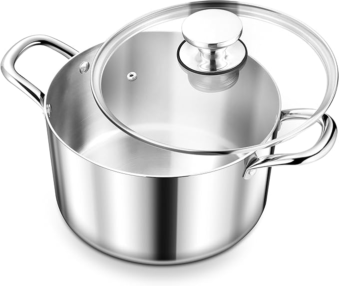 Herogo 4.5 Quart Stock Pot, Tri-Ply Cooking Pot with Lid, 18/10 Stainless Steel Pasta Stockpot with Handles, 4.5 QT Stockpot for Induction Electric Gas Stove, Dishwasher Safe
