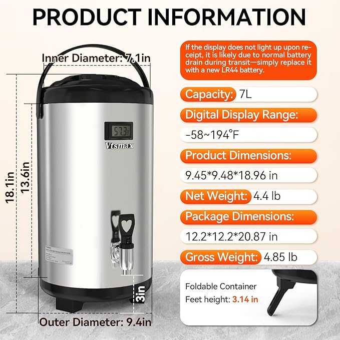Commercial Insulated Beverage Dispenser with Stand, 2 Gallon Hot Water Dispenser, Hot & Cold Drink Dispenser Temperature Display, for Tea,Coffee(Silver) - Image 7