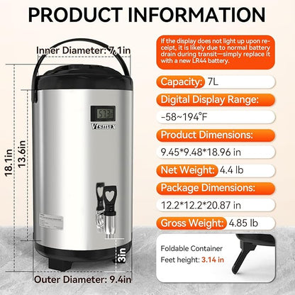 Commercial Insulated Beverage Dispenser with Stand, 2 Gallon Hot Water Dispenser, Hot & Cold Drink Dispenser Temperature Display, for Tea,Coffee(Silver) - Image 7