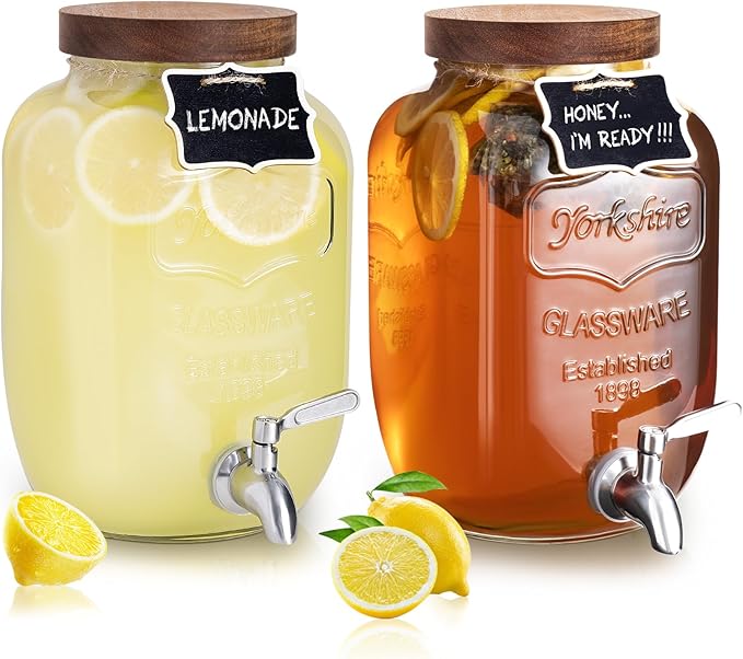 Mustry Glass Drink Dispenser for Parties, 1 Gallon Beverage Dispenser with Spigot Solid Stainless Steel, Used as Lemonade Dispenser Sun Tea Jar Kombucha Jar, Set of 2 by Mustry