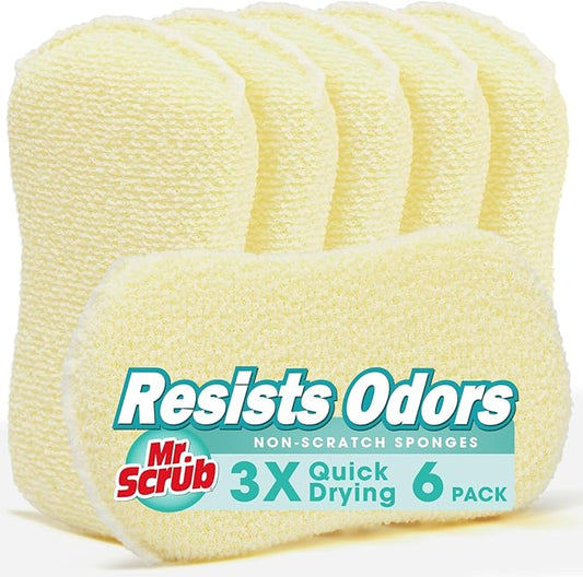 Mr. Scrub Sponges Kitchen Scrub Dish Sponge Scouring Pad, 6 Pack Cleaning Brush Scrubber Supplies for Soap, Dishwashing Dinnerware Sets Pan Pot Glass Dishwasher Sink Bathroom Towels Cloth Rags Holder