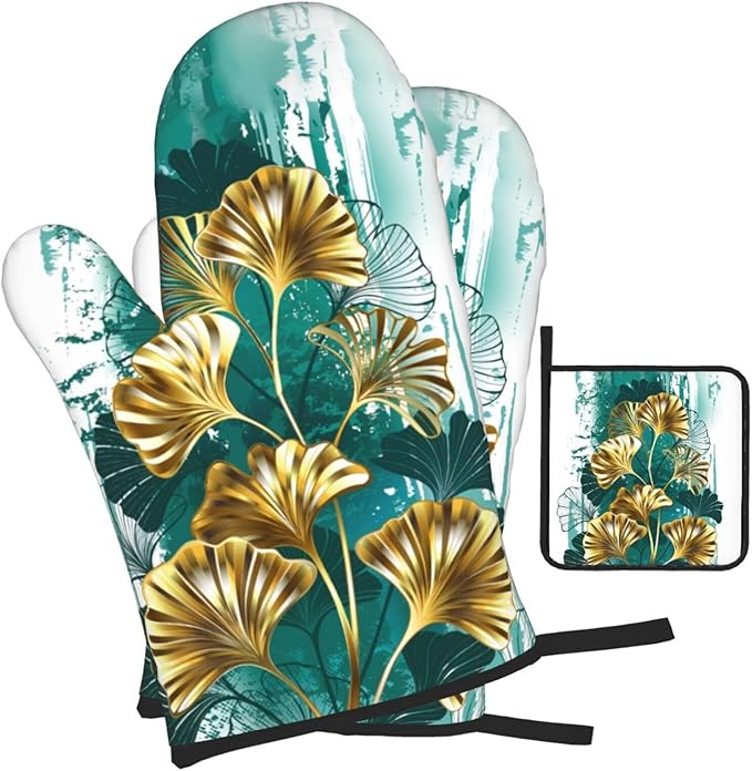 Teal Gold Green Leaves Oven Mitts and Pot Holders Set Heat Resistant Non Slip Set of 3 Decorative Kitchen Gloves Hot Pads for Cooking BBQ Baking Grilling - Image 2