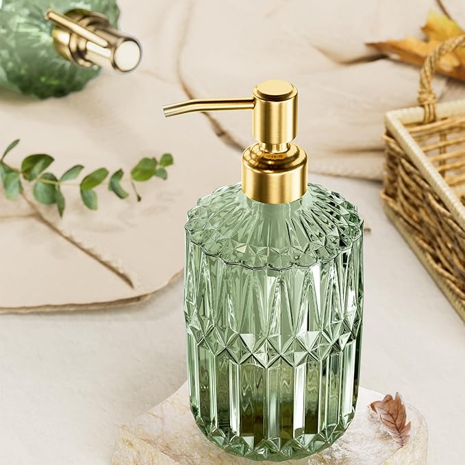 AmazerBath Soap Dispenser Green Glass Soap Dispenser with Pump Stainless Steel, 14.2OZ Luxury Gold Hand Soap Dispensers Bottles Bathroom, Refillable Kitchen Soap Dispenser for Dish Soap, 1 Pack - Image 4