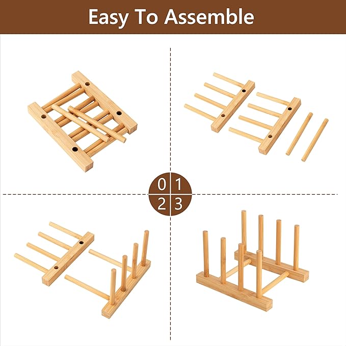 HBlife 2pcs Bamboo Dish Plate Bowl Cup Book Pot Lid Cutting Board Drying Rack Stand Drainer Storage Holder Organizer Kitchen Cabinet（Keep Dry） - Image 7