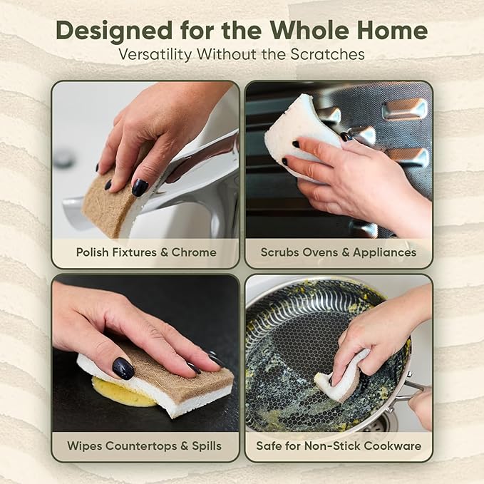 Plant-Based Kitchen Sponges (12 Pack) | USDA Biobased Certified | FSC & PETA Approved | Natural Cellulose & Coconut Scrubber Sponge | S-Shaped Design | Eco-Friendly, Non-Scratch, Non-Toxic & Vegan - Image 4